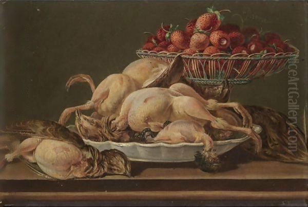 Still Life With Plucked Game And A Basket Filled With Strawberries Oil Painting by Miguel Parra