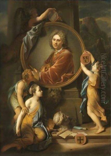 Infants Decorating A Stone Cartouche Framing A Copy Of A Self-Portrait By Adriaen Van Der Werff Oil Painting by Hendrick Van Limborch