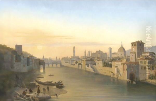 Florence, A View Of The River Arno Oil Painting by Antoine Marie Perrot