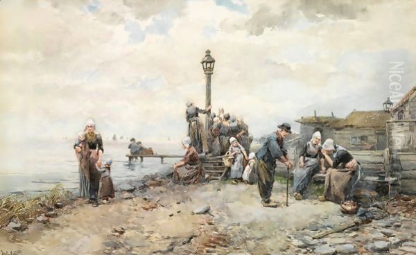 Departure Of The Fishing Fleet, Volendam Oil Painting by Johan Mari Ten Kate