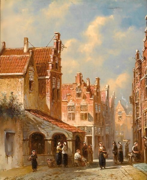 Figures In A Sunlit Dutch Town Oil Painting by Pieter Gerard Vertin