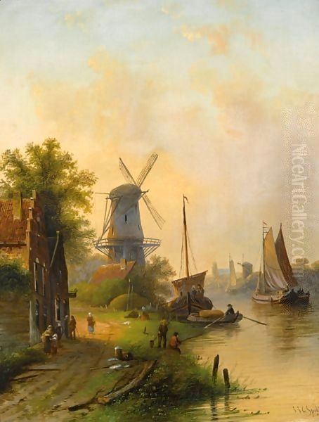 A River Landscape With A Windmill Oil Painting by Jan Jacob Coenraad Spohler