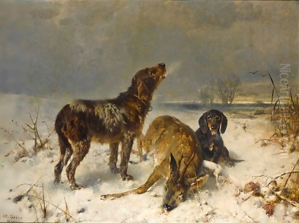 Two Hunting Dogs With Their Catch Oil Painting by Friedrich Otto Gebler