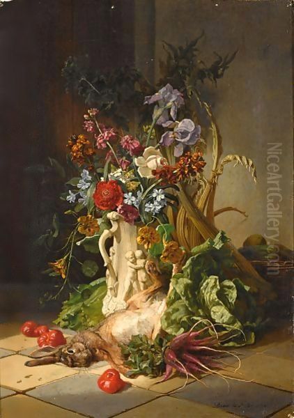 A Kitchen Still Life With Flowers Oil Painting by David Emil Joseph de Noter