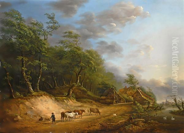 A Cowherd And His Cows On A Country Road Oil Painting by Pierre Jean Hellemans