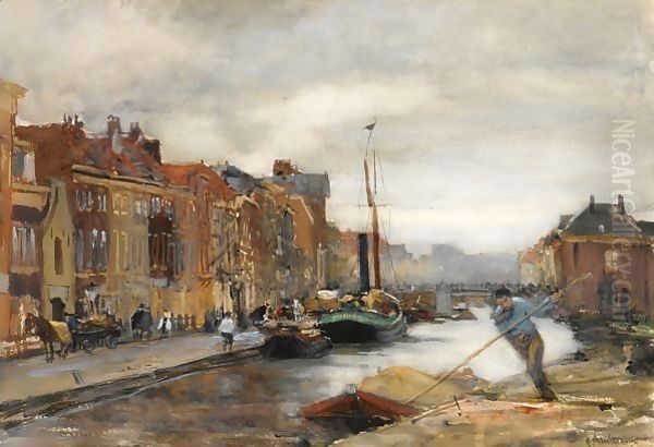 A View Of A Canal, Scheveningen Oil Painting by Floris Arntzenius