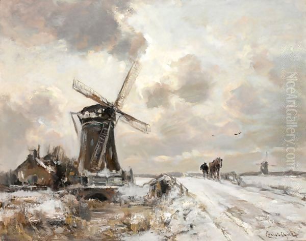 A Snow Covered Winter Landscape Oil Painting by Louis Apol