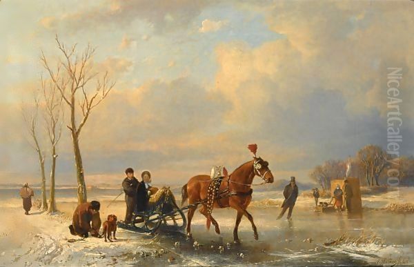 A Winter Landscape With Figures On A Sleigh, A 'Koek En Zopie' In The Background Oil Painting by Anton Mauve