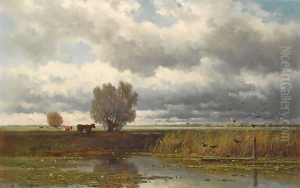 Cows In A Summer Landscape Oil Painting by Willem Roelofs