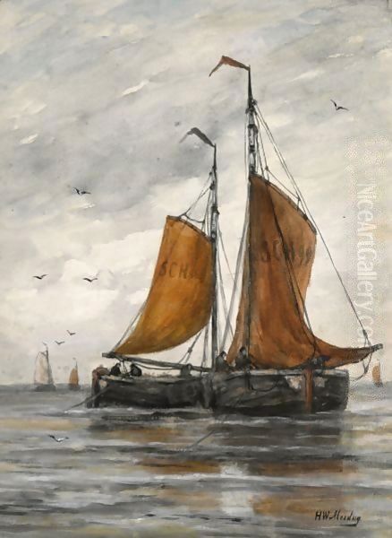 Bomschuiten On A Calm Sea Oil Painting by Hendrik Willem Mesdag