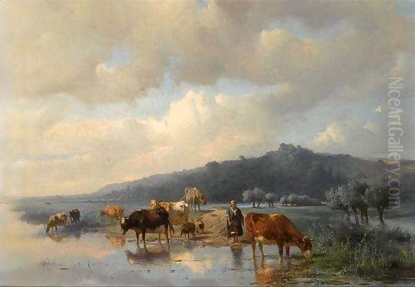 A Cowherdess With Watering Cows Oil Painting by Anton Mauve