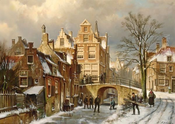 Figures On A Frozen Canal In A Dutch Town Oil Painting by Willem Koekkoek