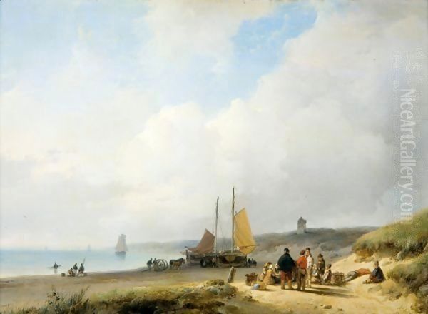 Figures On The Dutch Coast, A Lighthouse In The Distance Oil Painting by Andreas Schelfhout