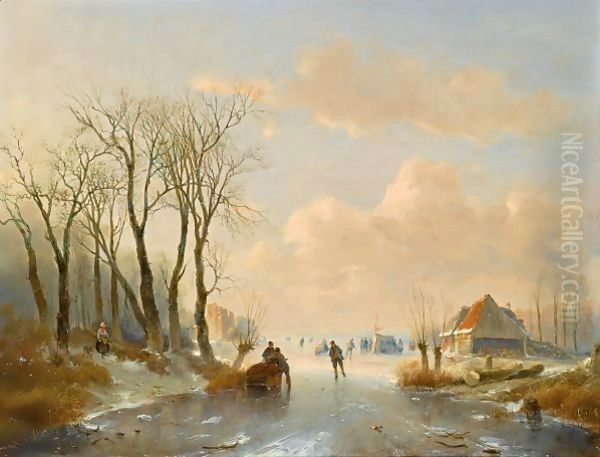 Skaters On The Ice, A 'Koek En Zopie' In The Distance Oil Painting by Andreas Schelfhout