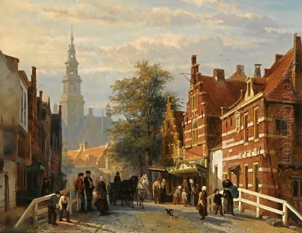 Gezicht Achter Het Stadhuis Te Bolsward (A View Of Bolsward With The Townhall In The Distance) Oil Painting by Cornelis Springer