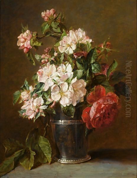 A Still Life Of Roses And Apple Blossom Oil Painting by Adriana-Johanna Haanen