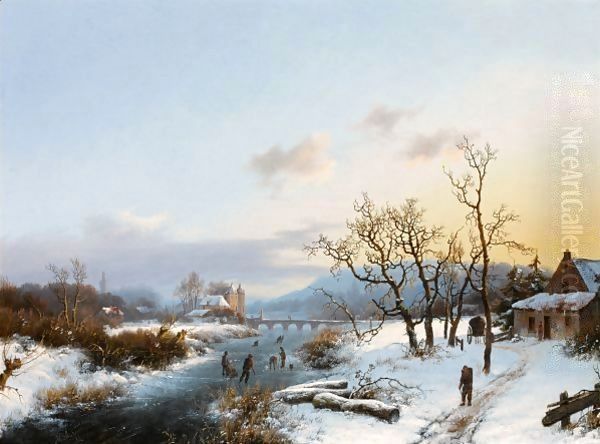 Figures In An Extensive Winter Landscape Oil Painting by Marianus Adrianus Koekkoek