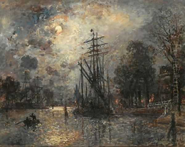 Voilier Au Clair De Lune, Hollande Oil Painting by Johan Barthold Jongkind