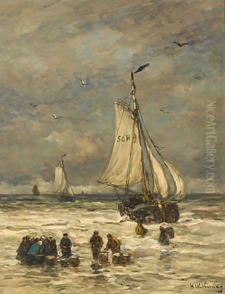 Unloading The Catch Oil Painting by Hendrik Willem Mesdag