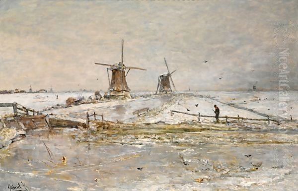 Snow Covered Windmills Near Overschie Oil Painting by Paul Joseph Constantine Gabriel