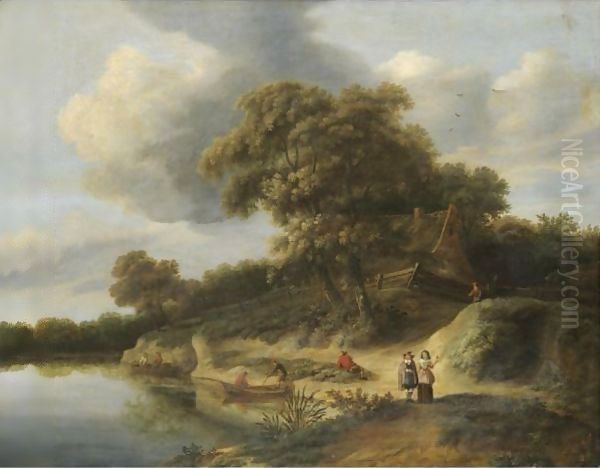 A River Landscape With Figures In Rowing Boats And An Elegant Couple On The River Bank Oil Painting by Hendrick Van Der Straaten