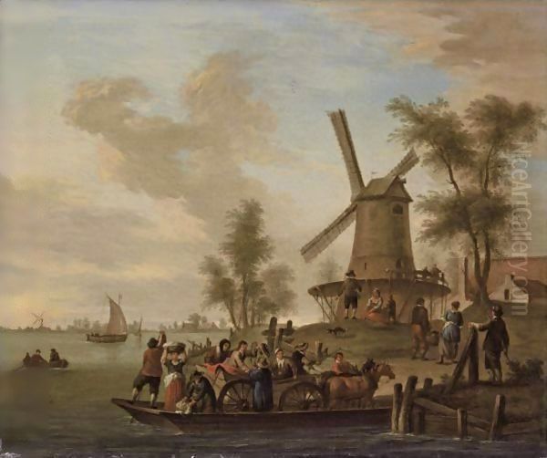 A River Landscape With A Ferry And A Windmill Oil Painting by Franz Ferg