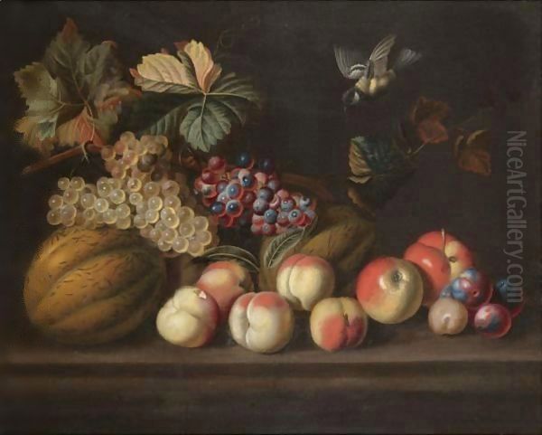 A Still Life With A Melons, Grapes, Peaches, Apples And A Bluetit Oil Painting by Jakob Bogdany