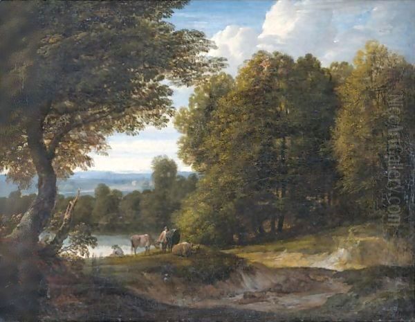 A Wooded River Landscape With Cattle And Two Figures Oil Painting by Jaques D'Arthois