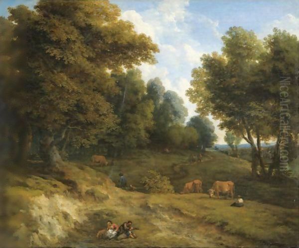 A Wooded Landscape With Cows, And Figures In The Foreground Oil Painting by Cornelis Huysmans