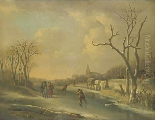 A Winter Landscape With Skaters On A Frozen River, Together With A Family Of Faggot Gatherers Oil Painting by Andries Vermeulen