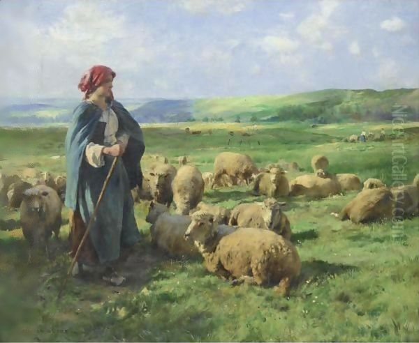 A Young Shepherdess Watching Over Her Flock Oil Painting by Julien Dupre