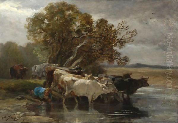 Drover Watering Cattle Near A Pond Oil Painting by Charles Emile Jacque