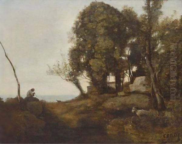 Le Chevrier Assis Dans La Clairiere Sur Une Roche Oil Painting by Jean-Baptiste-Camille Corot