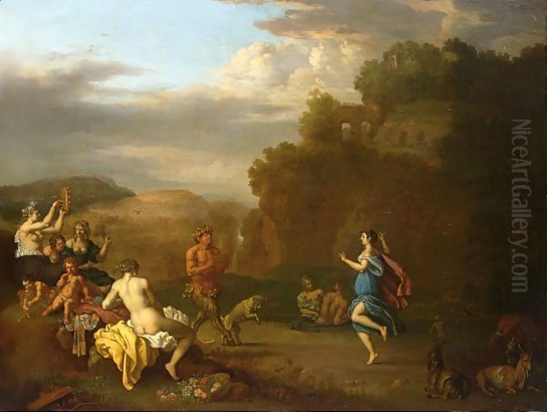 A Bacchanal Scene With Pan Playing The Flute Oil Painting by Daniel Vertangen