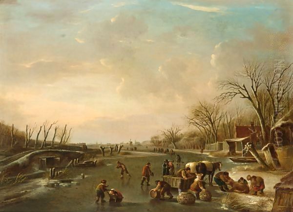 A Winter Scene With Skaters And A Horse-Drawn Sleigh With Poultry Sellers Oil Painting by Andries Vermeulen