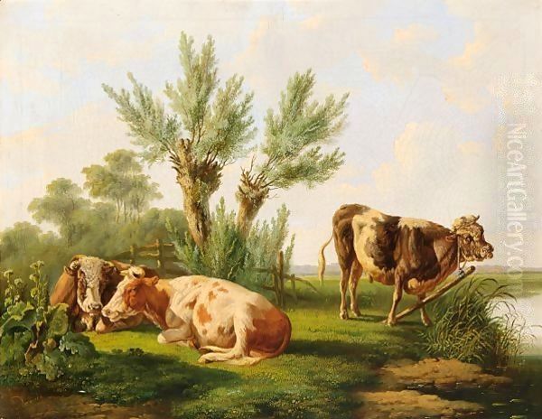 Cows Resting In A Summer Landscape Oil Painting by Albertus Verhoesen