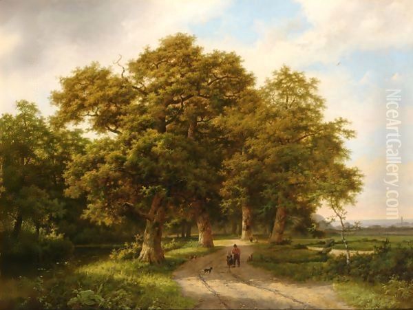 A Wooded Landscape With Figures On A Country Road Oil Painting by Marianus Adrianus Koekkoek