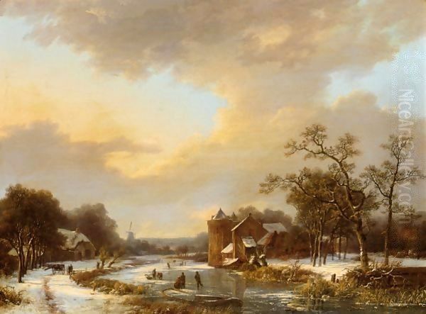 An Extensive Dutch Winter Landscape With Figures On A Frozen River Oil Painting by Marianus Adrianus Koekkoek