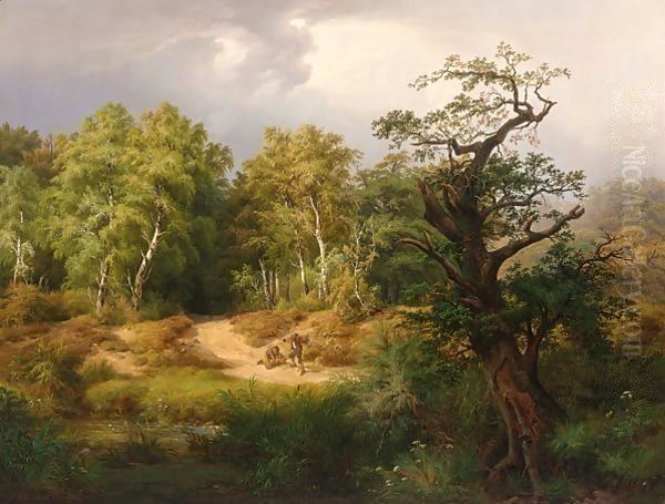 Wood Gatherers In A Forest Clearing Oil Painting by Friederich J. Ehemant