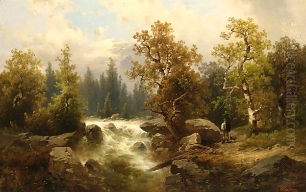 A Mountainous Landscape With A Traveller Near A Torrent Oil Painting by Josef Thoma