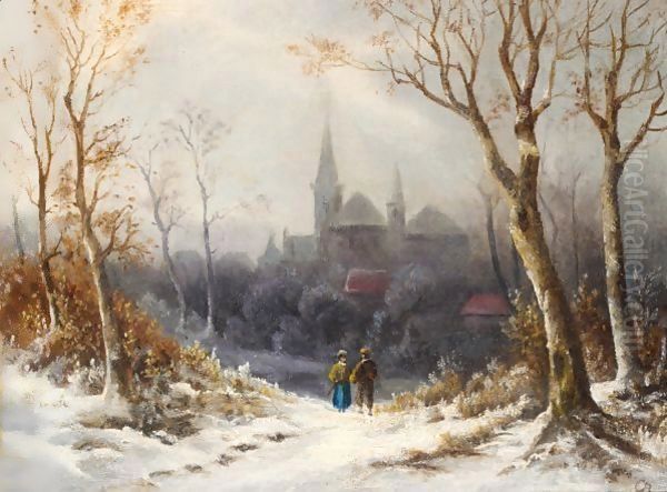 Figures In A Wintry Landscape, A Church Beyond Oil Painting by Colestin Burger