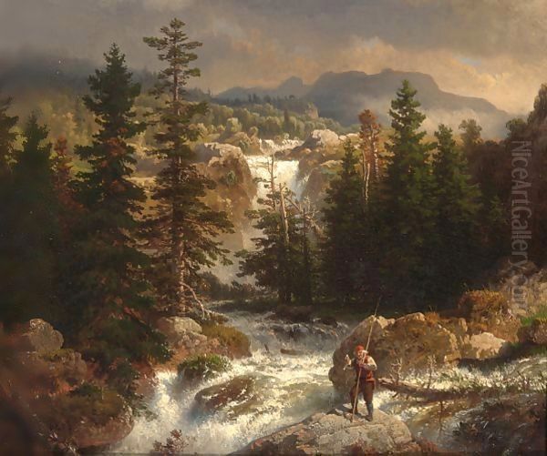 A Fisherman Inspecting His Catch Near A Mountain Torrent Oil Painting by Andreas Achenbach