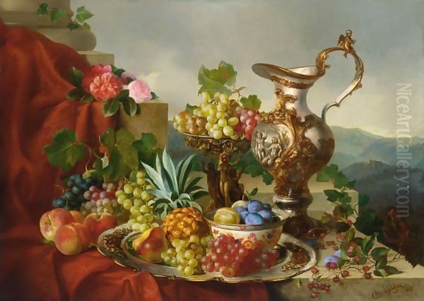 A Still Life With Fruit, Roses And A Pitcher Set On A Marble Ledge Oil Painting by Adalbert Schaffer