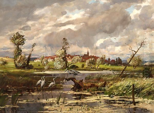 Herons At The Waterside, A Town Beyond Oil Painting by Hans Richard Von Volkmann