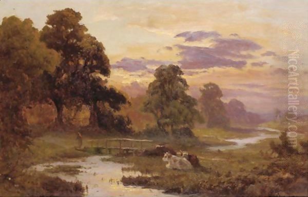 Cattle Grazing At Sunset Oil Painting by Edward Henry Holder