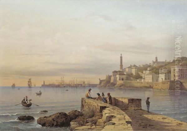 View Of The Harbour In Genoa Oil Painting by Hermann David Salomon Corrodi