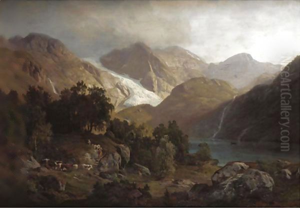 Figures And Cattle In A Mountainous Landscape Oil Painting by Alessandro Castelli