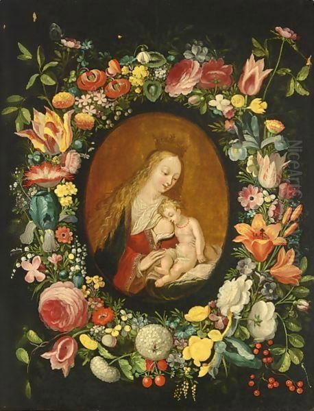 The Virgin And Child Surrounded By A Flower Garland With Roses, Tulips, Snowballs, Wallflowers, Irisses, An Opium Poppy Oil Painting by Frans II Francken