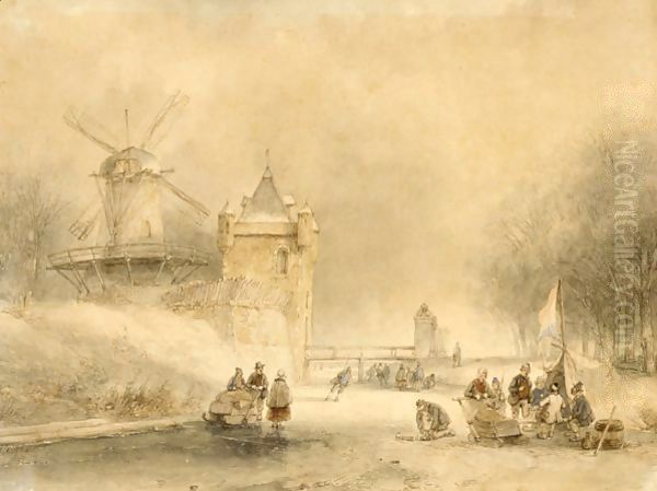 A Winterlandscape With Skaters And Other Figures Near A Koek And Zopie Oil Painting by Andreas Schelfhout