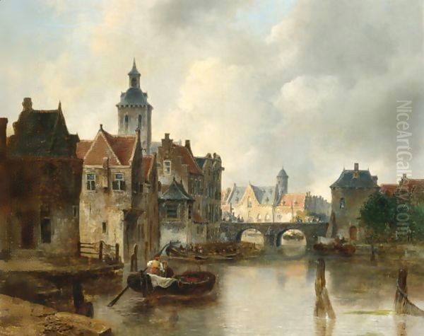 View Of A Canal In A Dutch Town Oil Painting by Antonie Waldorp